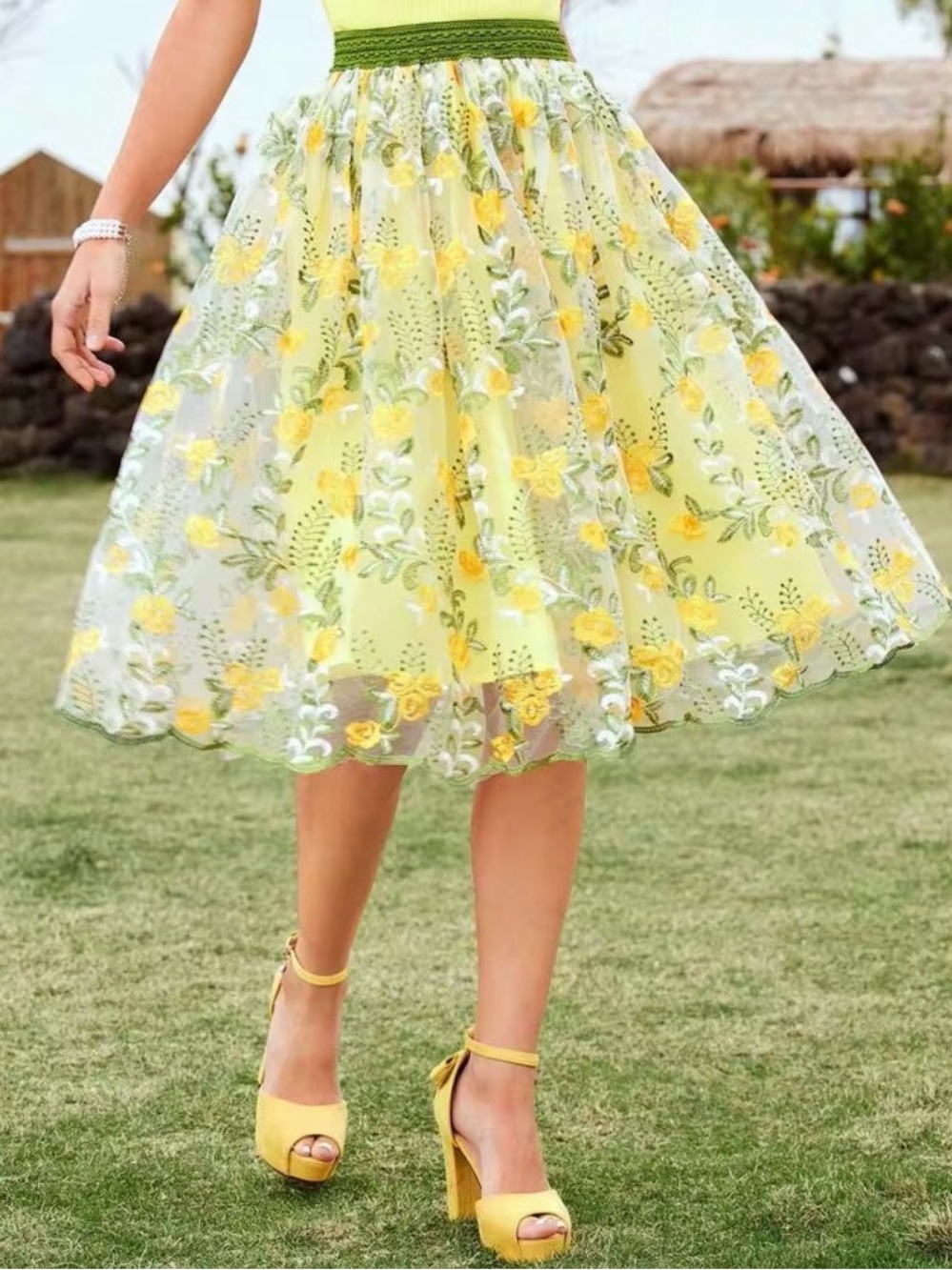 SHEIN Yellow Floral Embroidered A-Line Midi Skirt - sheer, lined